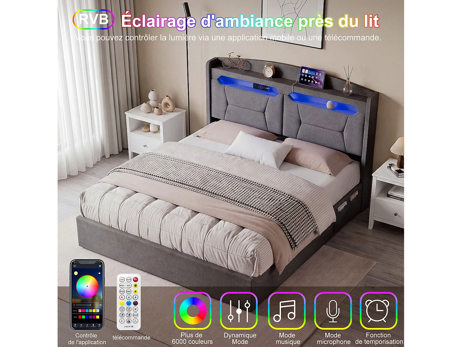 Lit 140x190 avec Sommier,Lit coffre avec LED RGB Réglable,Chargement Sans Fil et Étagère Lits Flottant Rembourré,Gris Tissu Lin