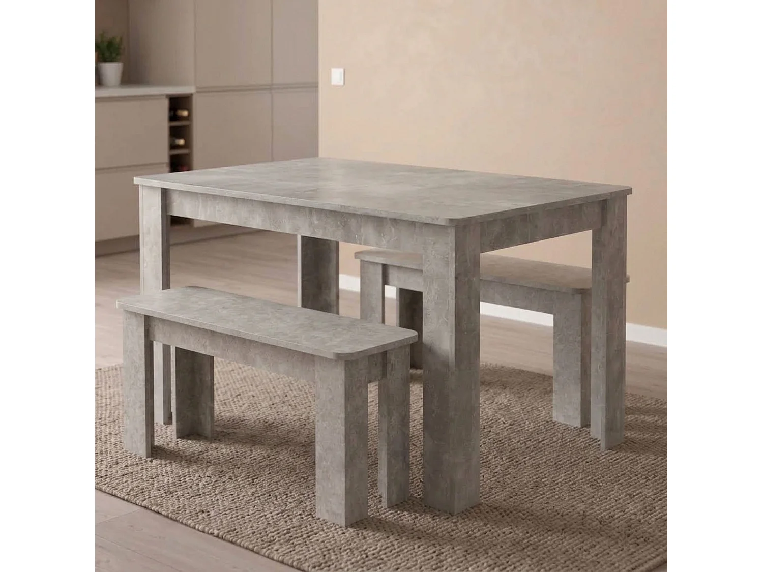 Stone Grey Effect Dining Table Set with 2 Stone Grey Benches 4 Seater Kitchen Dining Furniture Set