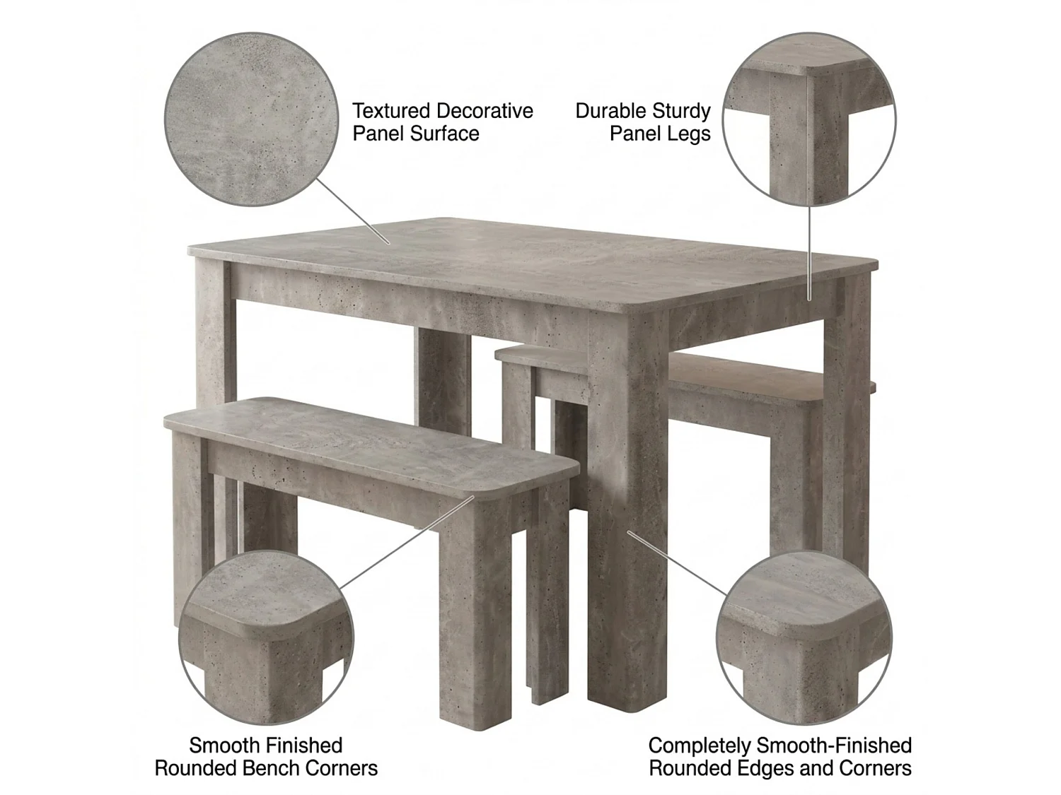 Stone Grey Effect Dining Table Set with 2 Stone Grey Benches 4 Seater Kitchen Dining Furniture Set