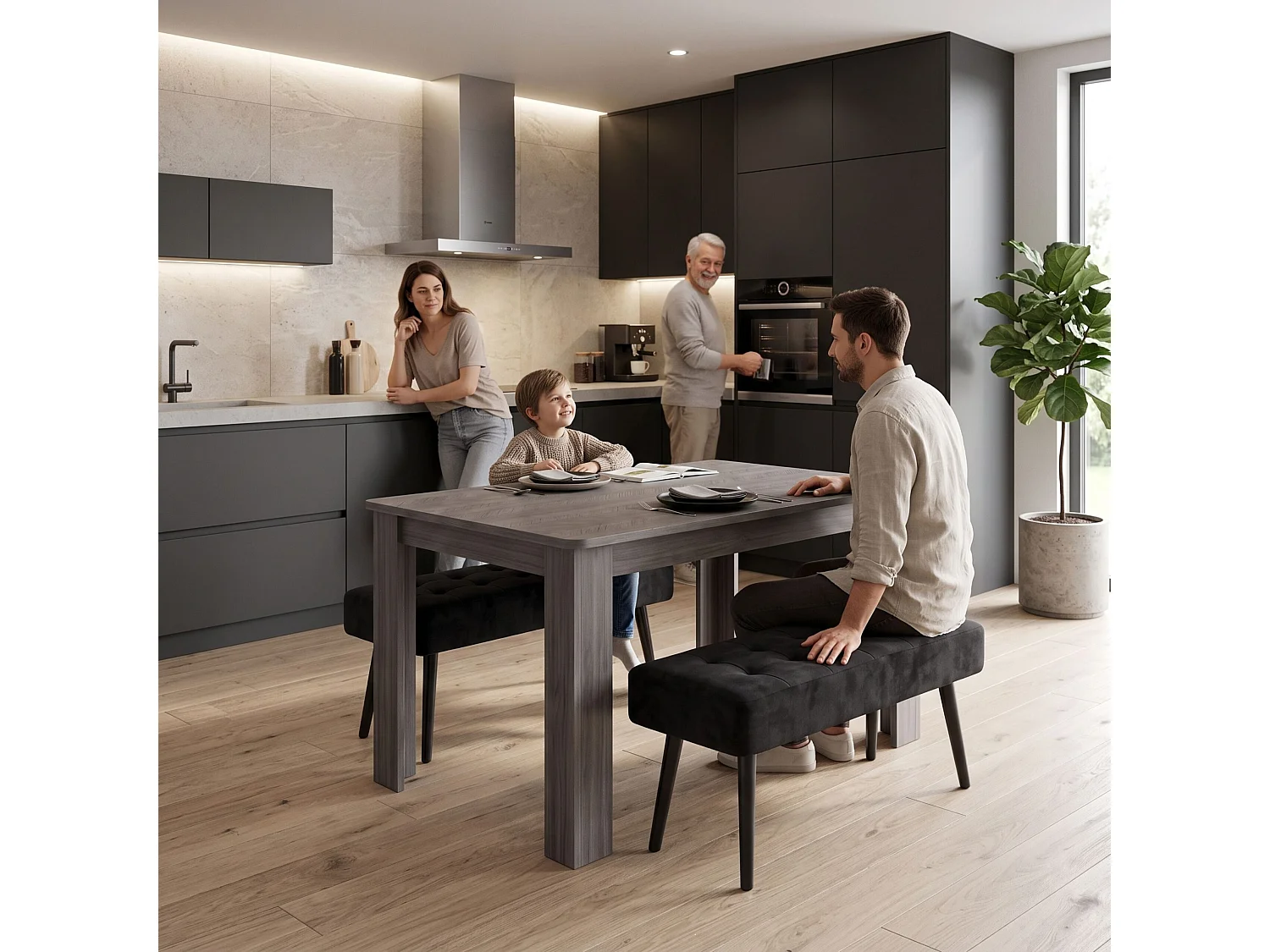 Stone Grey Effect Dining Table Set with 2 Stone Grey Benches 4 Seater Kitchen Dining Furniture Set