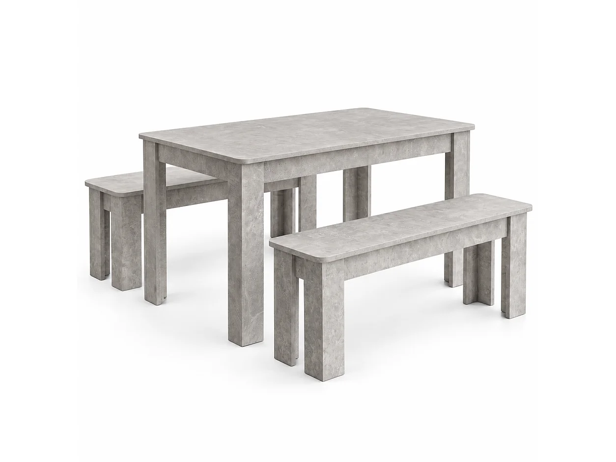 Stone Grey Effect Dining Table Set with 2 Stone Grey Benches 4 Seater Kitchen Dining Furniture Set