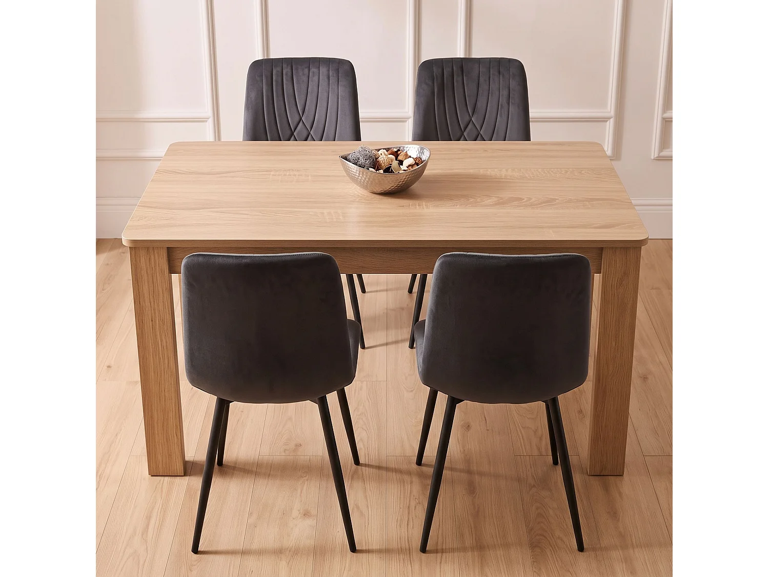 Oak Effect Dining Table Set with 4 Charcoal Velvet Diamond Chairs 4 Seater Kitchen Dining Set