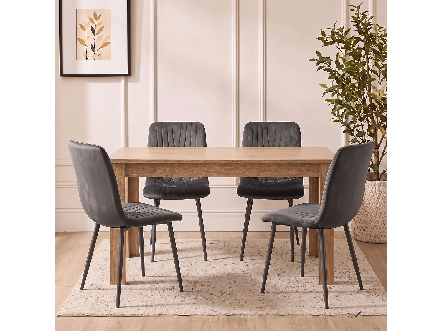 Oak Effect Dining Table Set with 4 Charcoal Velvet Diamond Chairs 4 Seater Kitchen Dining Set