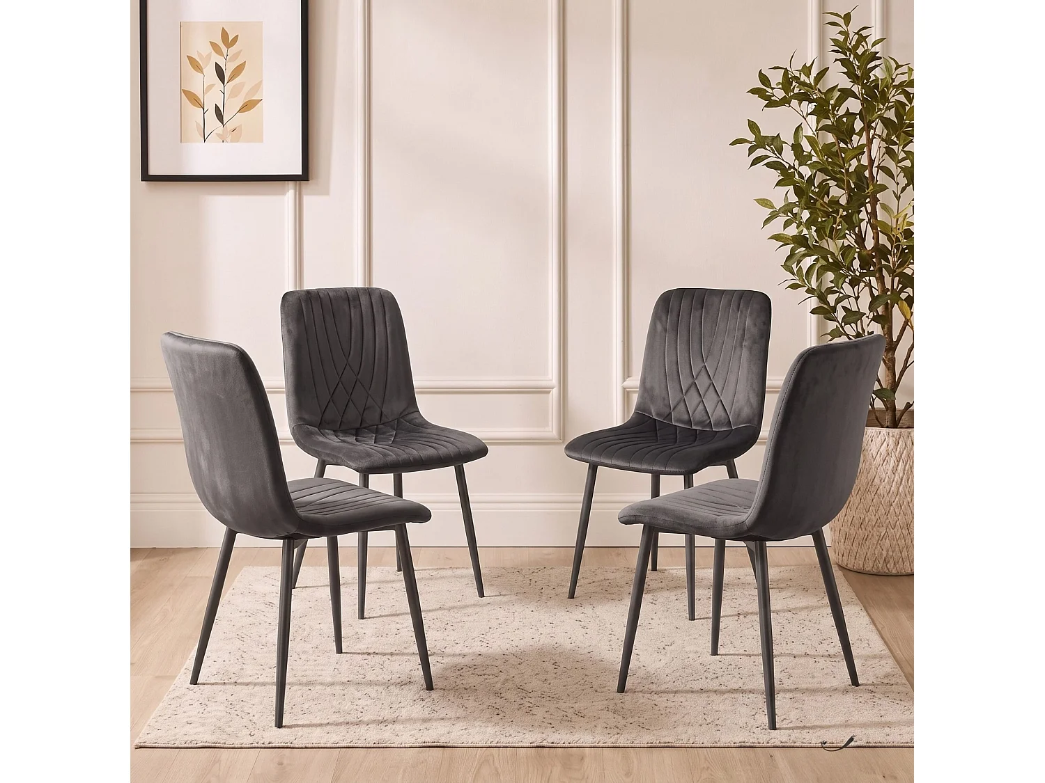 Oak Effect Dining Table Set with 4 Charcoal Velvet Diamond Chairs 4 Seater Kitchen Dining Set