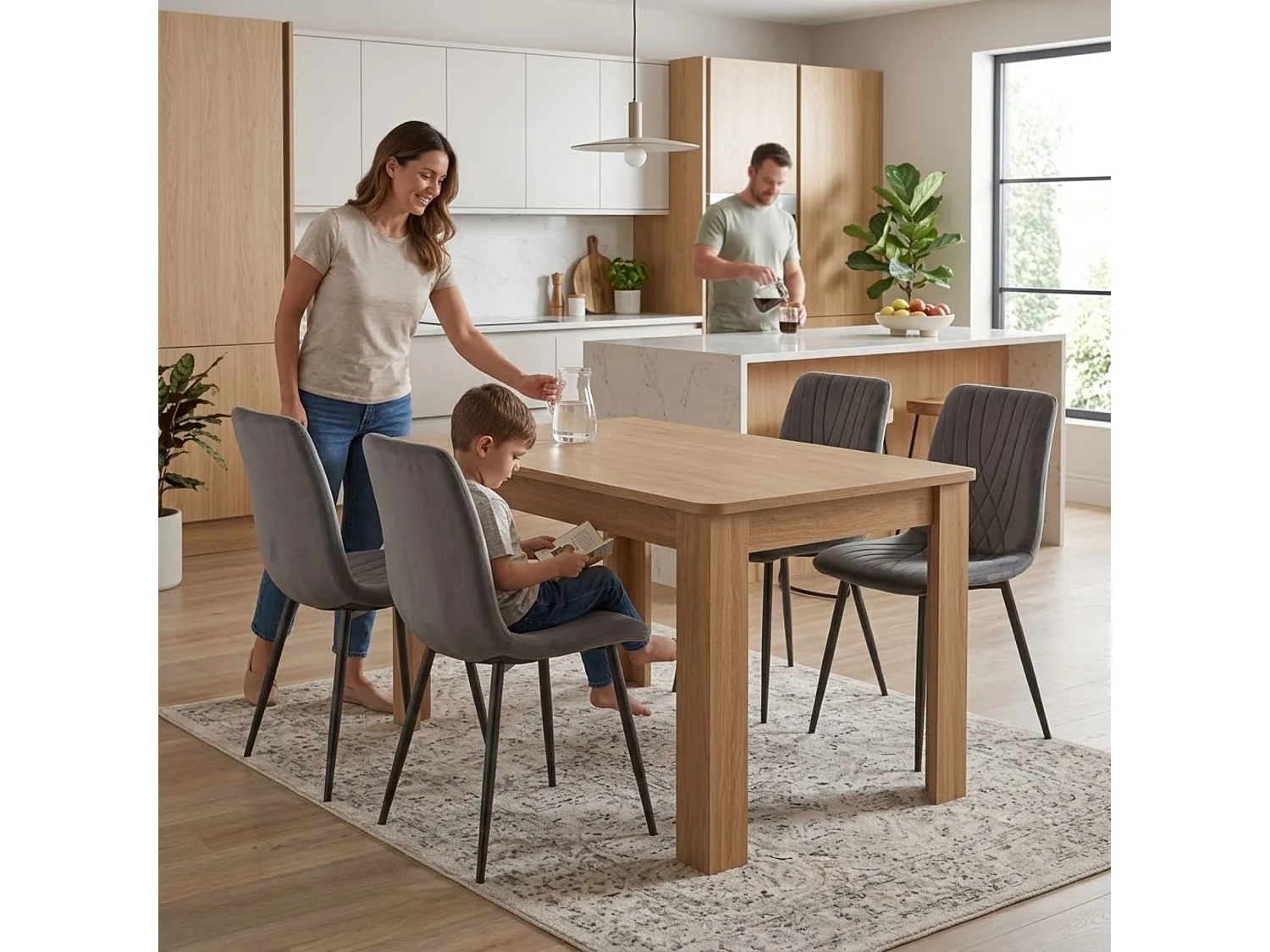 Oak Effect Dining Table Set with 4 Charcoal Velvet Diamond Chairs 4 Seater Kitchen Dining Set