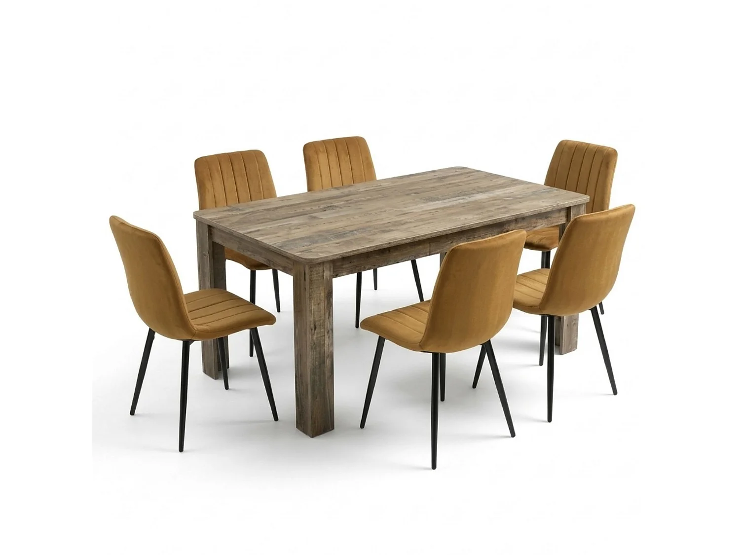 Rustic Wood Effect Dining Table Set with 6 Brown Velvet Chairs 6 Seater Kitchen Dining Set
