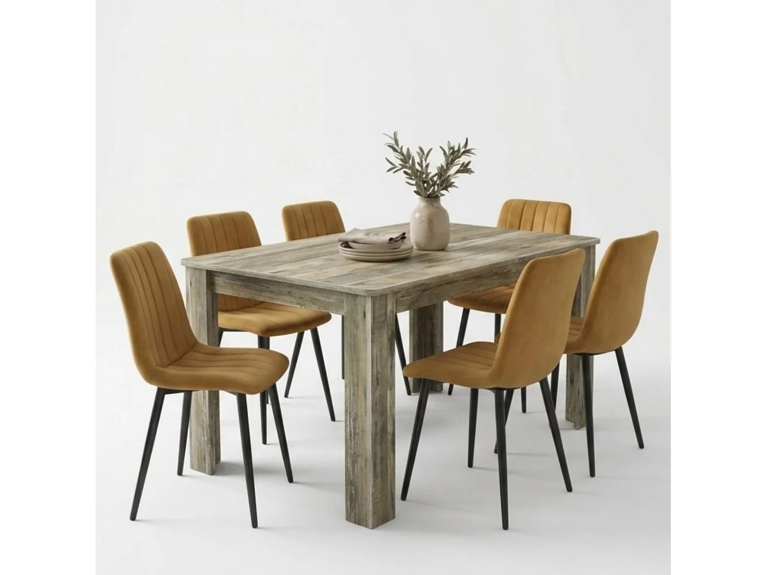 Rustic Wood Effect Dining Table Set with 6 Brown Velvet Chairs 6 Seater Kitchen Dining Set