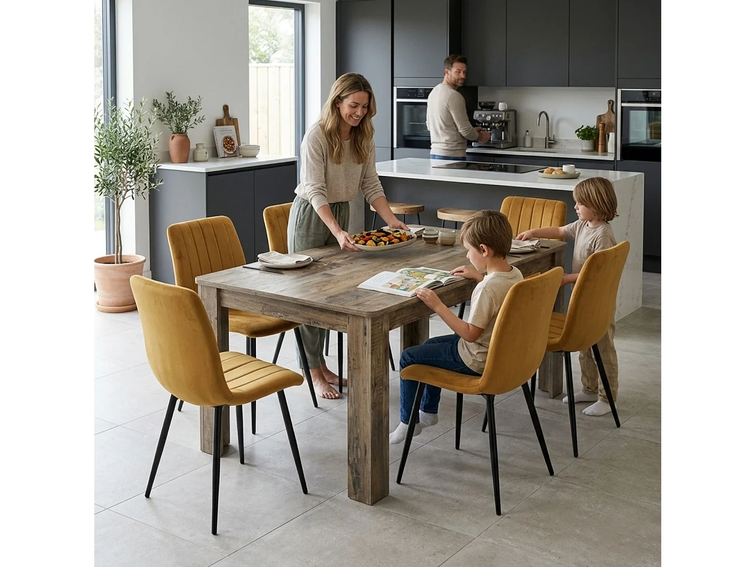 Rustic Wood Effect Dining Table Set with 6 Brown Velvet Chairs 6 Seater Kitchen Dining Set