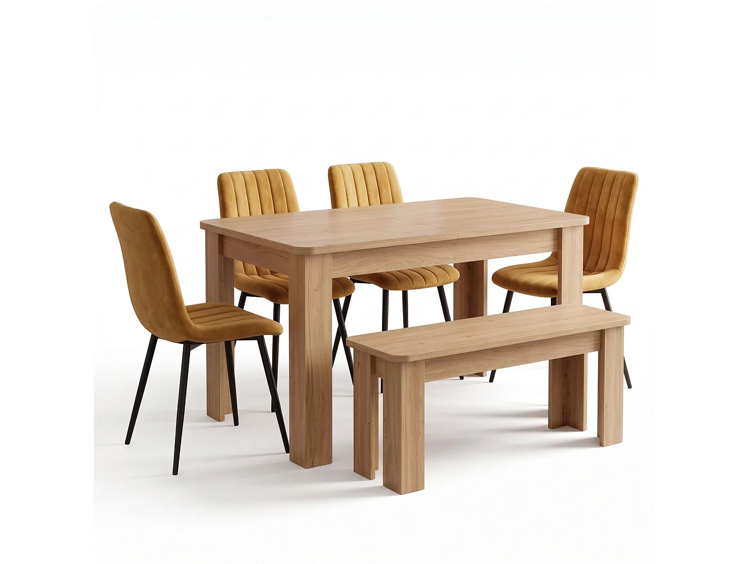 Oak Effect Dining Table Set with 4 Brown Velvet Chairs and Oak Effect Bench 6 Seater