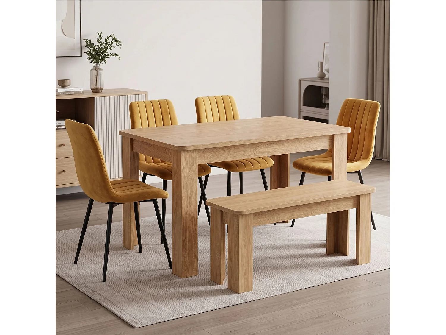 Oak Effect Dining Table Set with 4 Brown Velvet Chairs and Oak Effect Bench 6 Seater