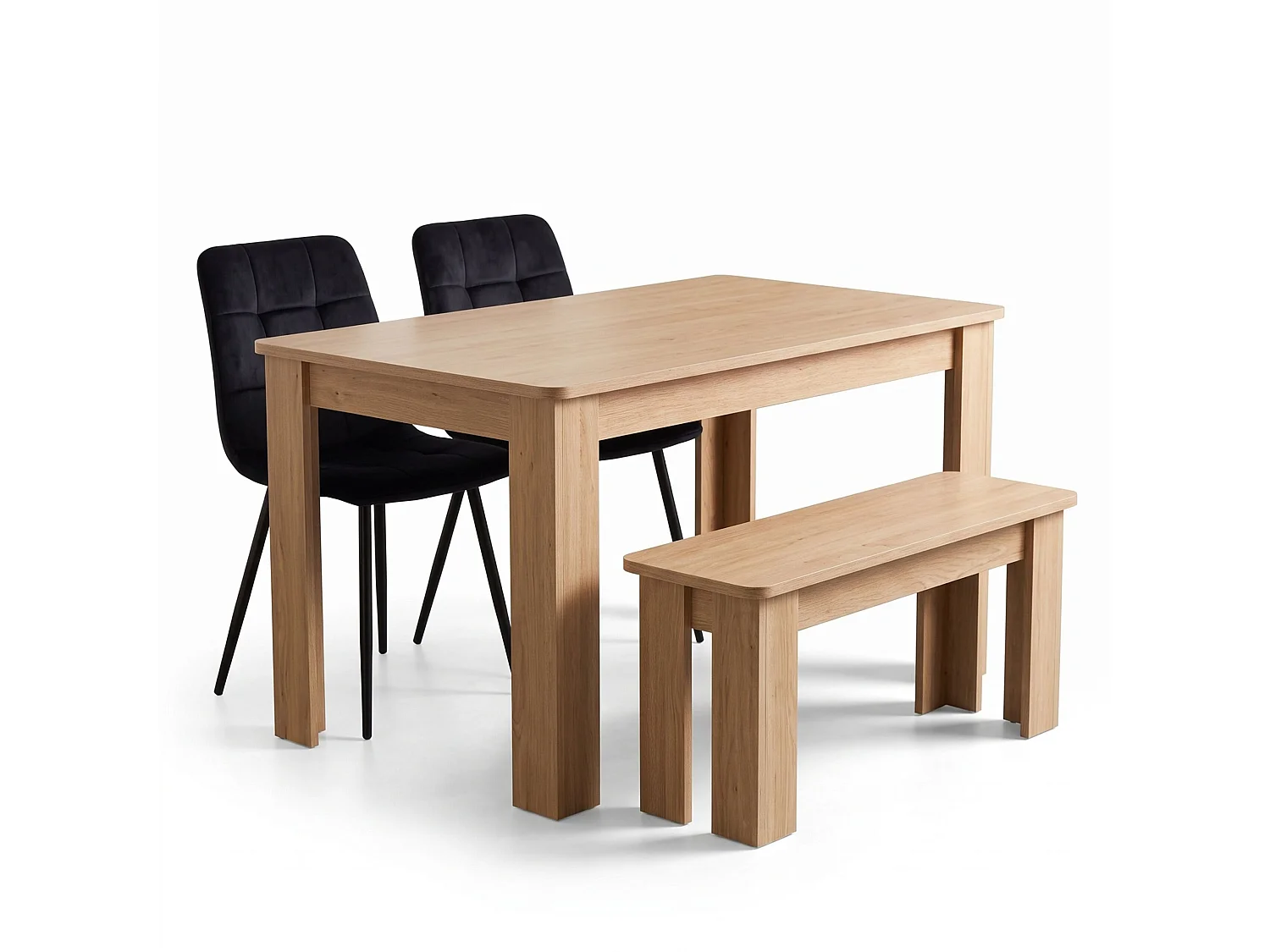 Oak Effect Dining Table Set with 2 Black Velvet Chairs and Oak Effect Bench 4 Seater