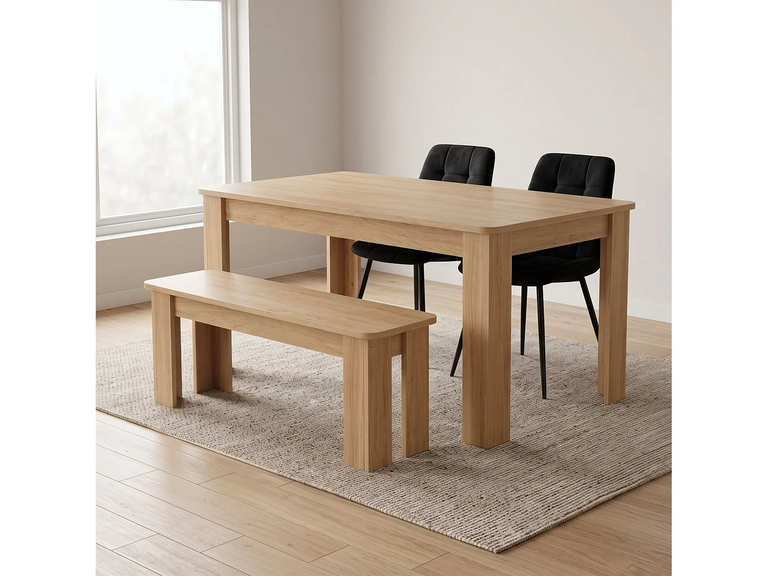 Oak Effect Dining Table Set with 2 Black Velvet Chairs and Oak Effect Bench 4 Seater