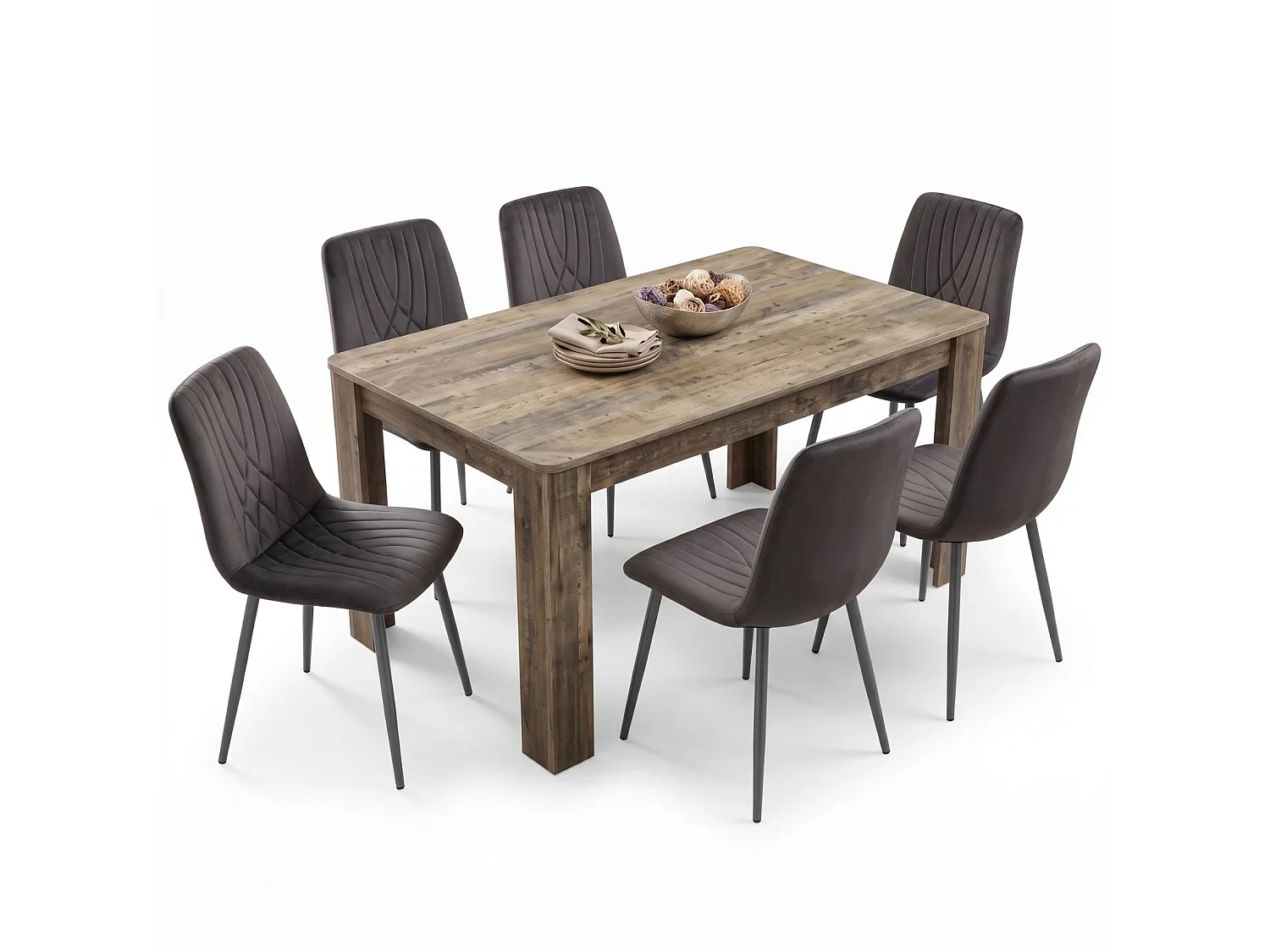 Modern Rustic Dining Table Set with 6 Green Velvet Diamond Chairs 6 Seater Kitchen Dining Set