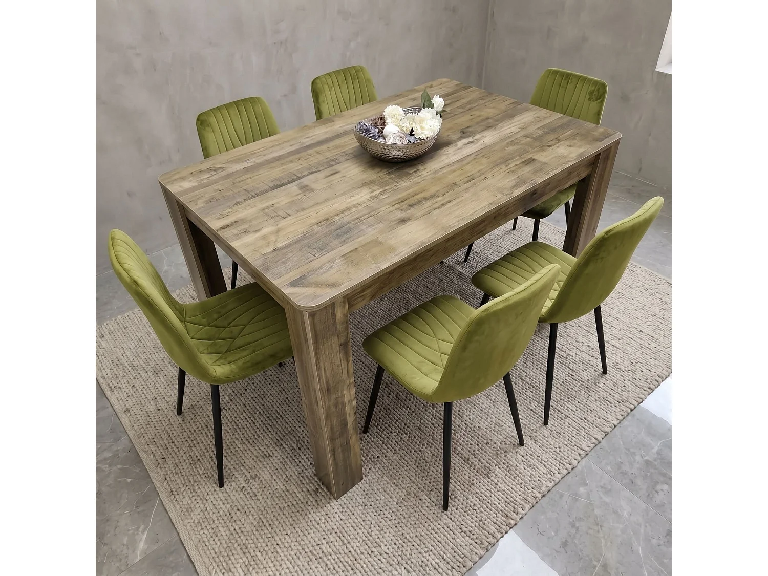 Modern Rustic Dining Table Set with 6 Green Velvet Diamond Chairs 6 Seater Kitchen Dining Set