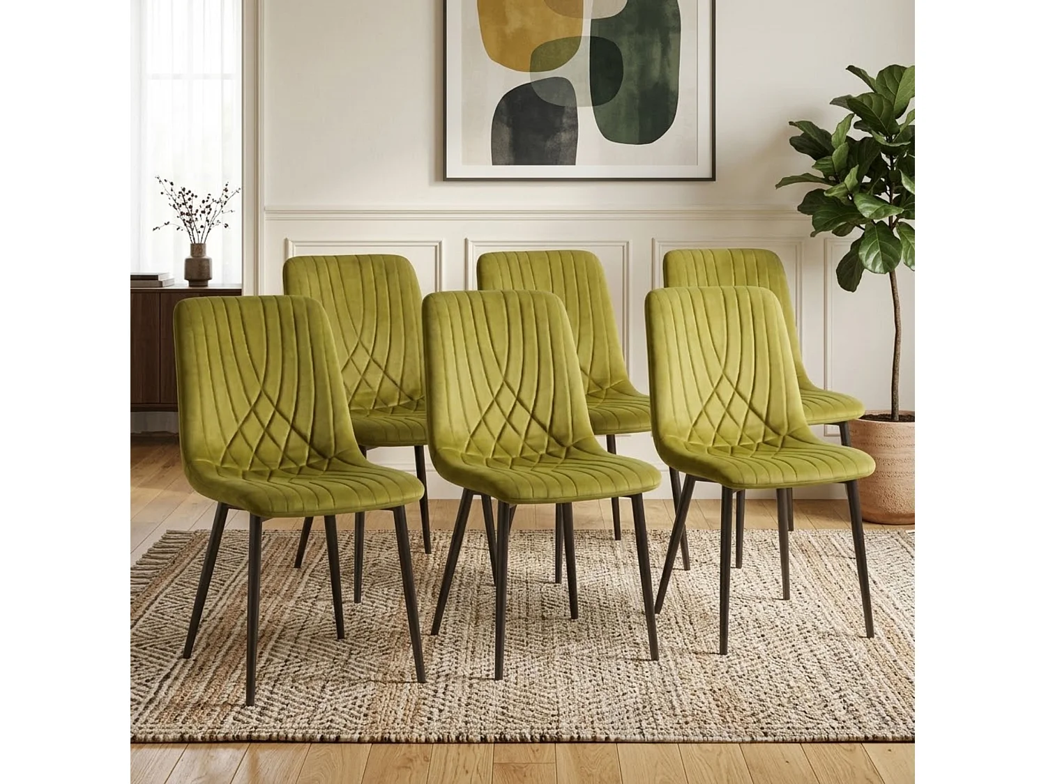 Modern Rustic Dining Table Set with 6 Green Velvet Diamond Chairs 6 Seater Kitchen Dining Set