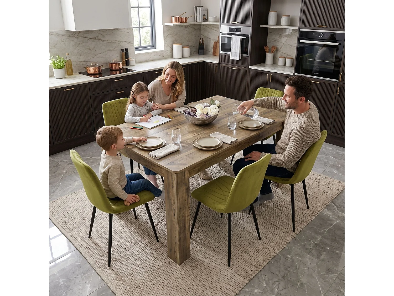 Modern Rustic Dining Table Set with 6 Green Velvet Diamond Chairs 6 Seater Kitchen Dining Set