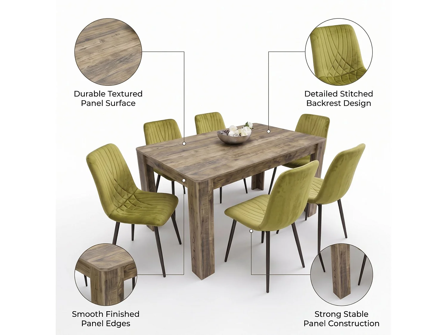 Modern Rustic Dining Table Set with 6 Green Velvet Diamond Chairs 6 Seater Kitchen Dining Set