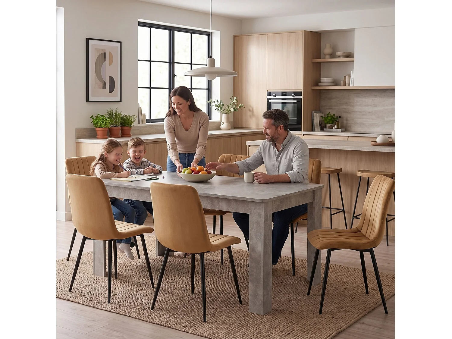 Modern Stone Grey Effect Dining Table Set with 6 Brown Velvet Chairs 6 Seater Kitchen Dining Set