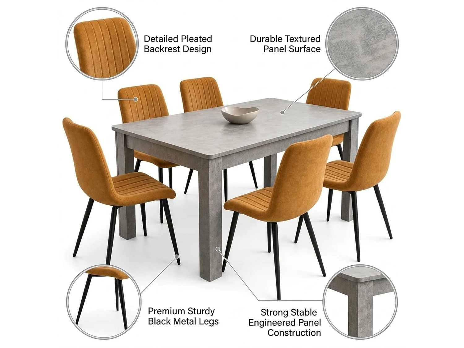 Modern Stone Grey Effect Dining Table Set with 6 Brown Velvet Chairs 6 Seater Kitchen Dining Set