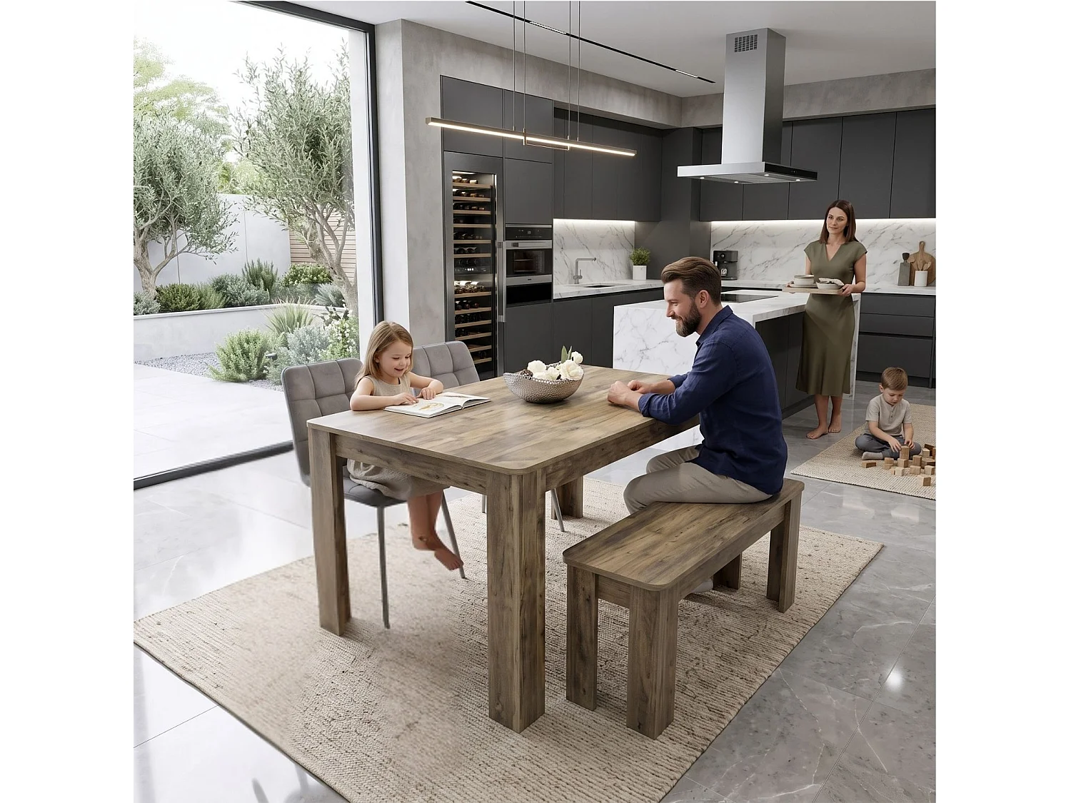 Modern Stone Grey Effect Dining Table Set with 6 Brown Velvet Chairs 6 Seater Kitchen Dining Set