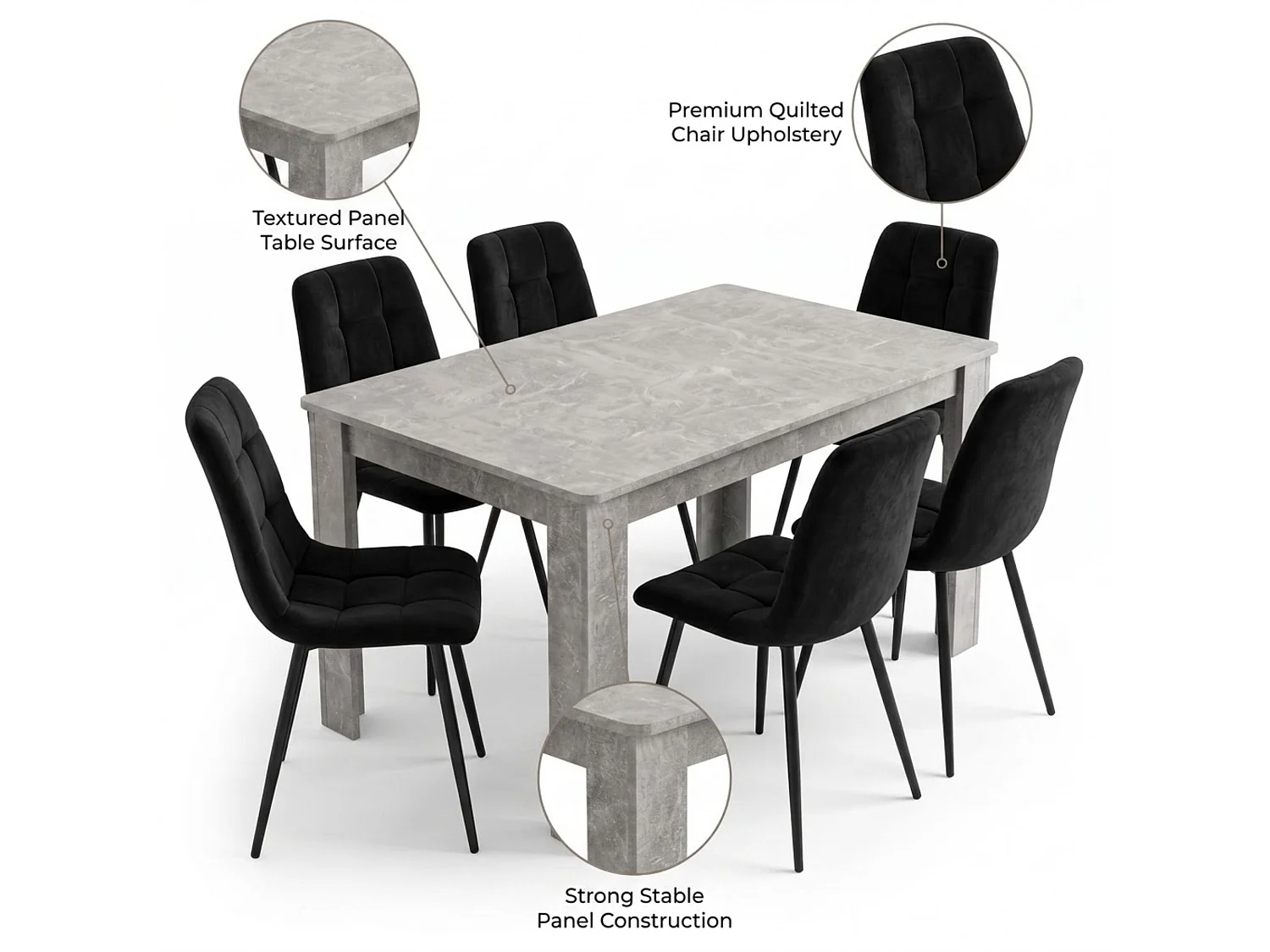 Stone Grey Effect Dining Table Set with 6 Black Nova Velvet Chairs 6 Seater Kitchen Dining Set