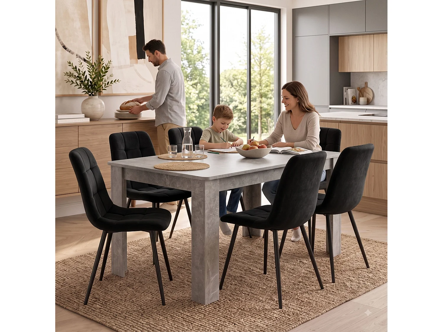 Stone Grey Effect Dining Table Set with 6 Black Nova Velvet Chairs 6 Seater Kitchen Dining Set