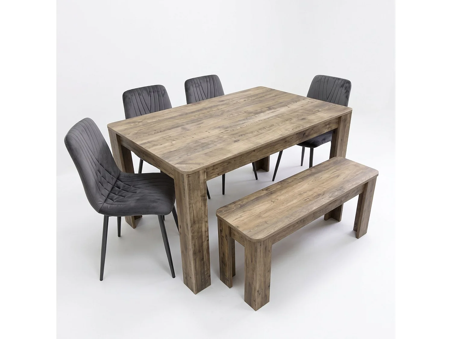 Rustic Dining Table Set with 4 Charcoal Velvet Chairs and Rustic Bench 6 Seater Kitchen Dining Set
