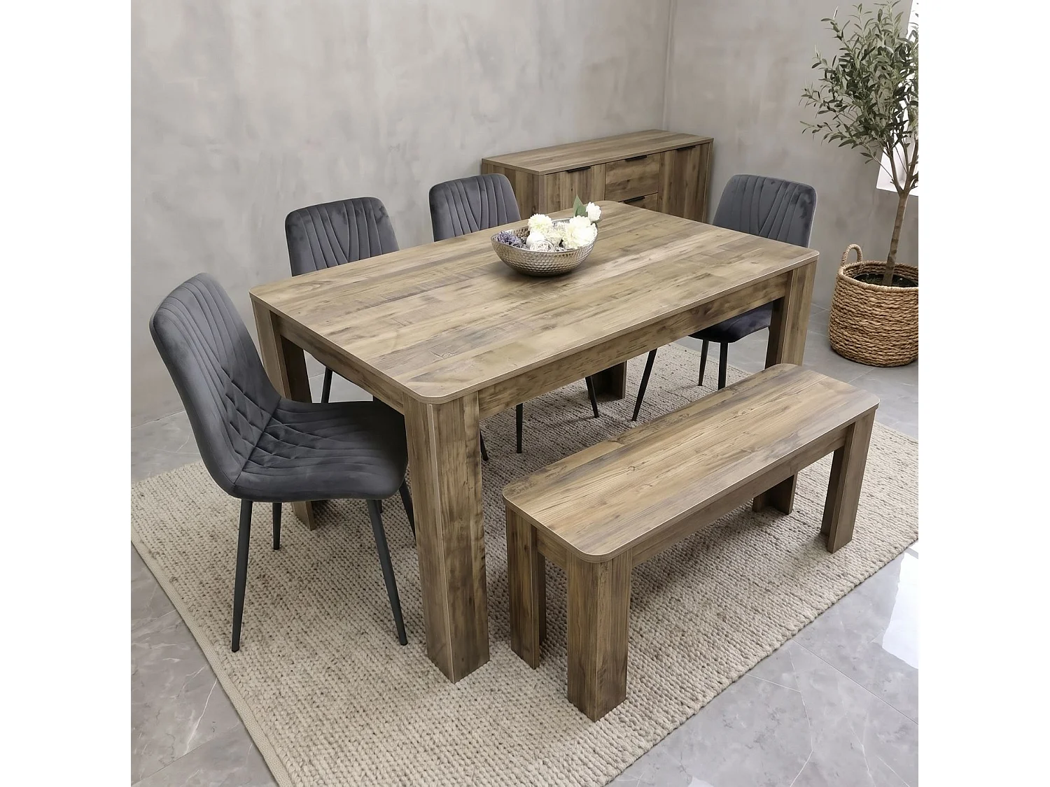 Rustic Dining Table Set with 4 Charcoal Velvet Chairs and Rustic Bench 6 Seater Kitchen Dining Set