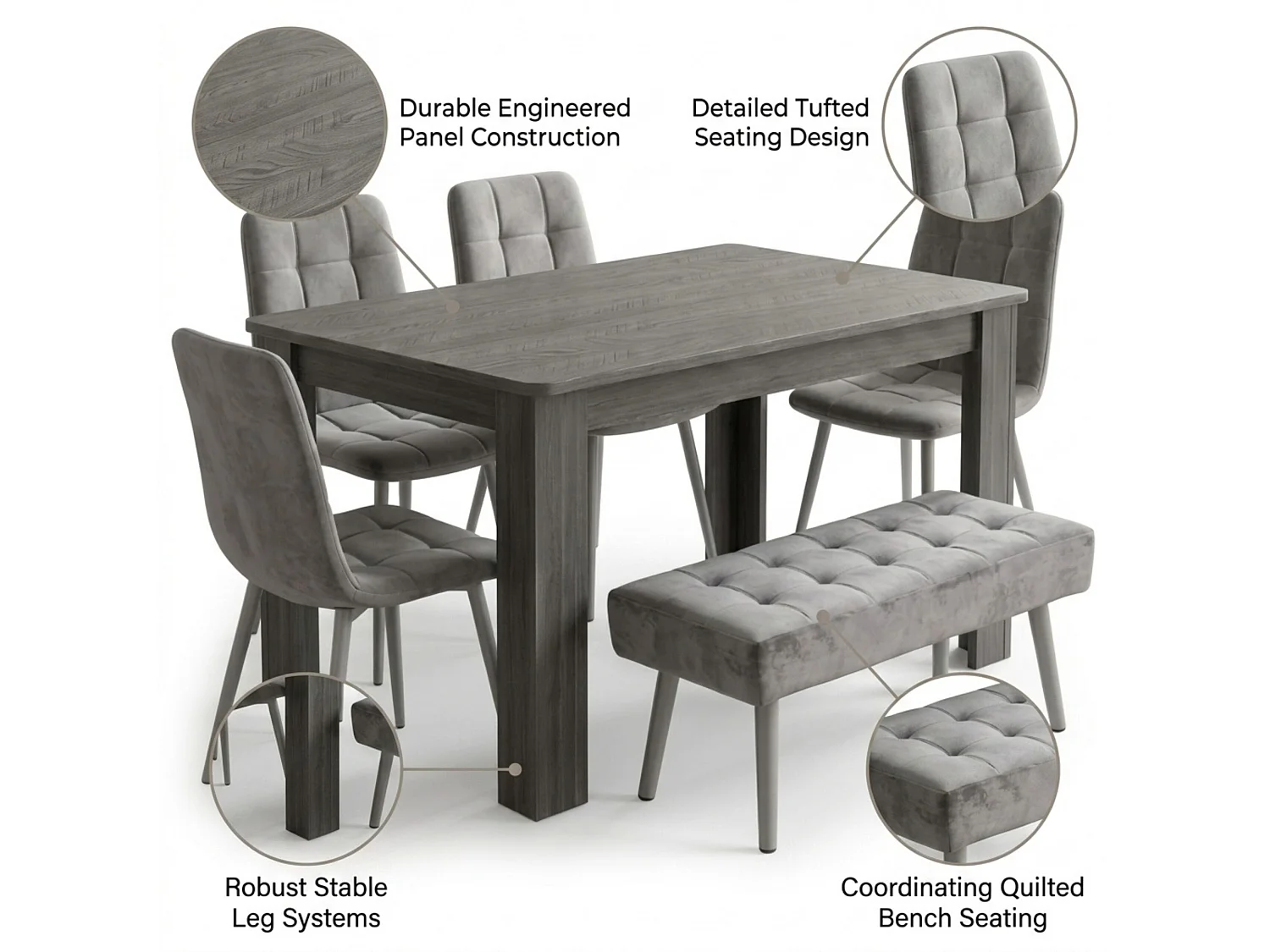 Rustic Dining Table Set with 4 Charcoal Velvet Chairs and Rustic Bench 6 Seater Kitchen Dining Set