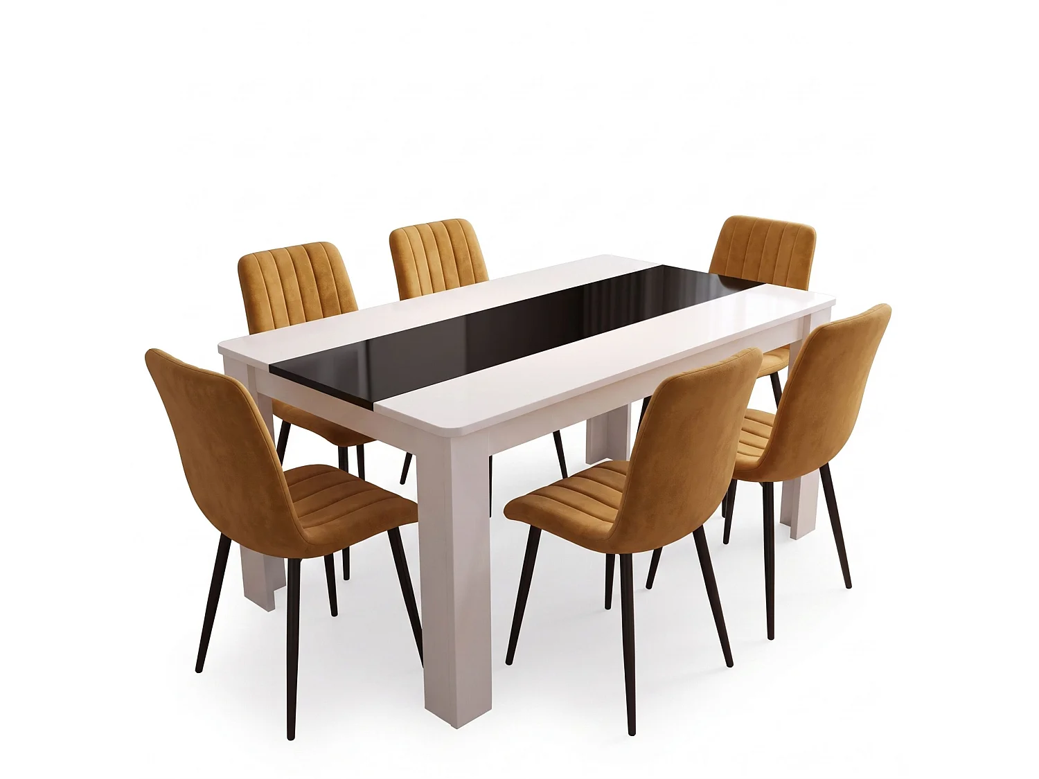Modern White and Black Dining Table Set with 6 Brown Velvet Chairs 6 Seater Kitchen Dining Room Set