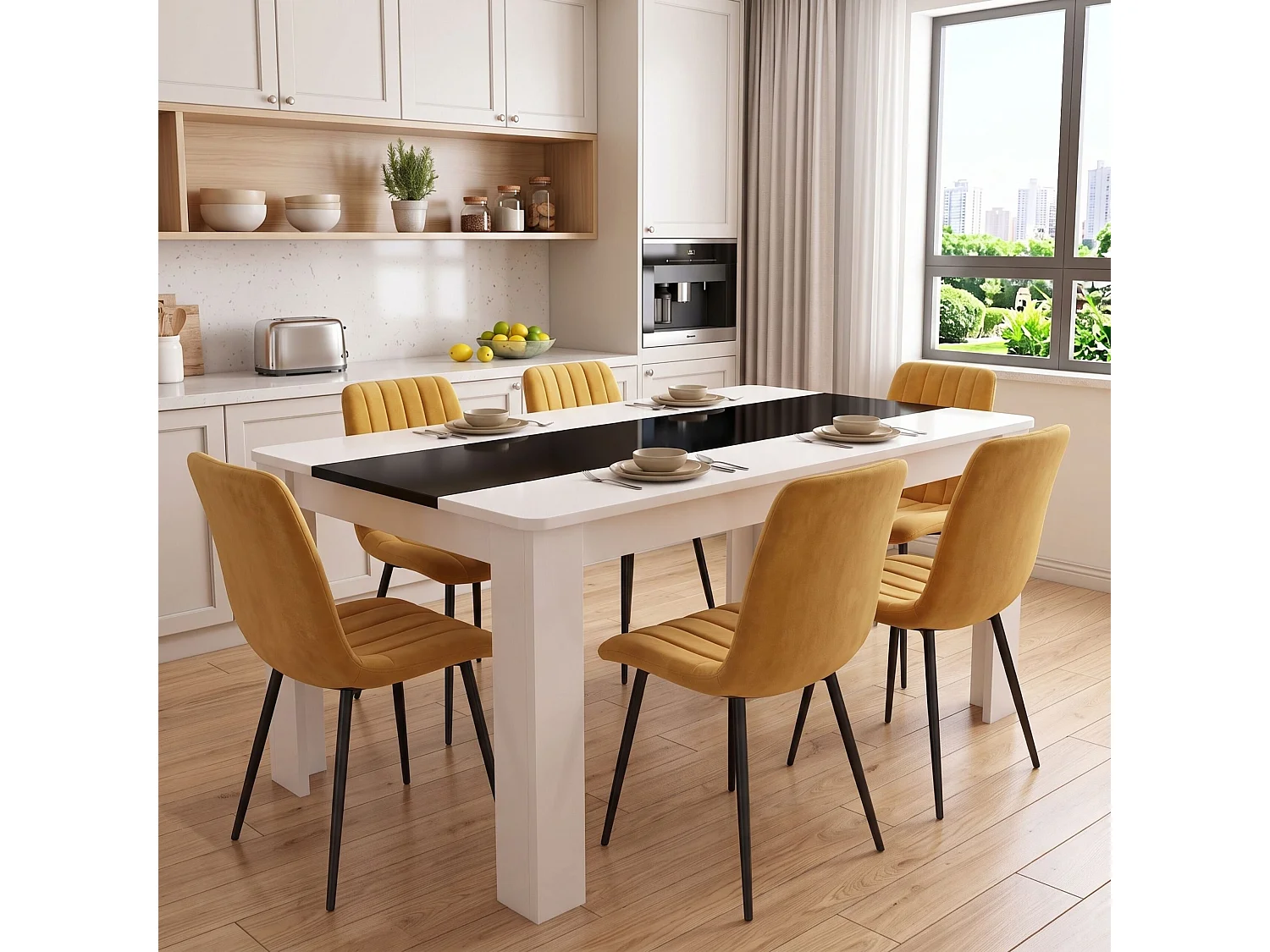 Modern White and Black Dining Table Set with 6 Brown Velvet Chairs 6 Seater Kitchen Dining Room Set
