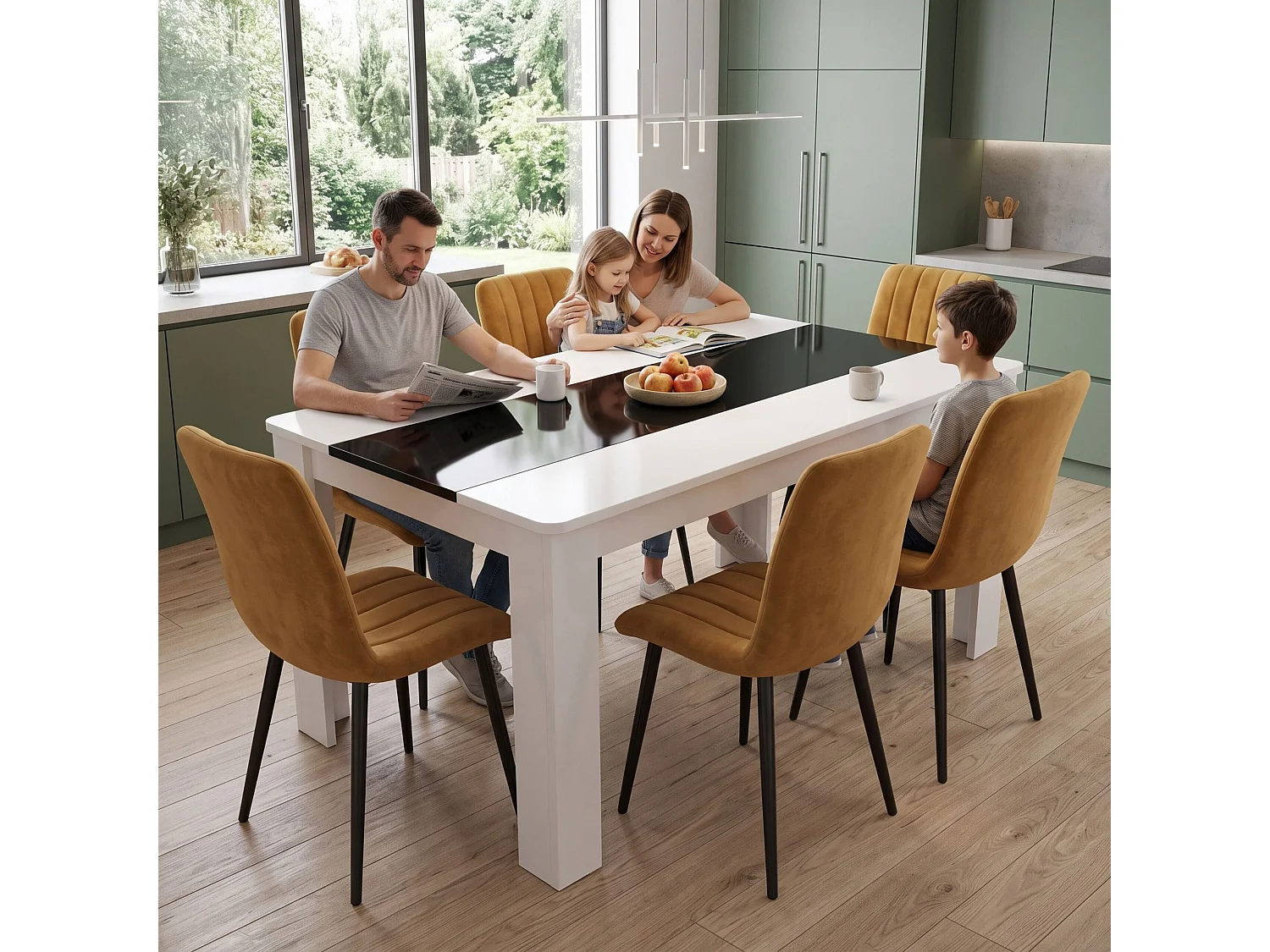 Modern White and Black Dining Table Set with 6 Brown Velvet Chairs 6 Seater Kitchen Dining Room Set