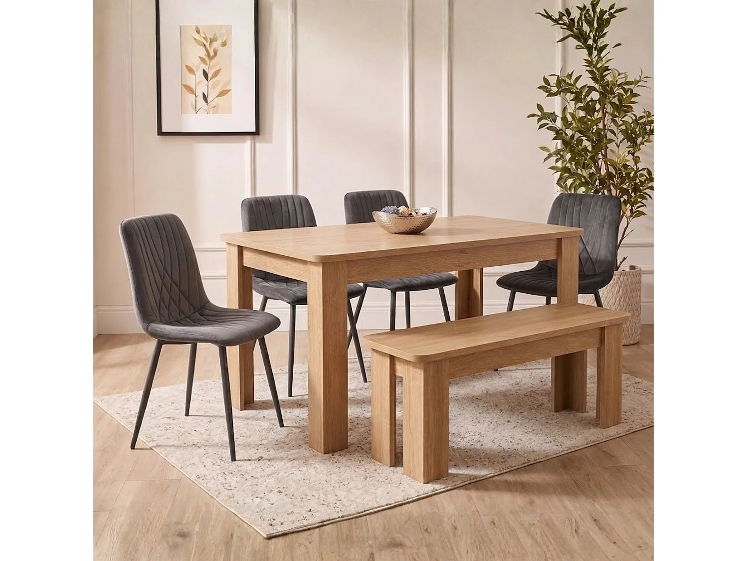 Oak Effect Dining Table Set with 4 Dark Grey Velvet Chairs and Oak Effect Bench 6 Seater