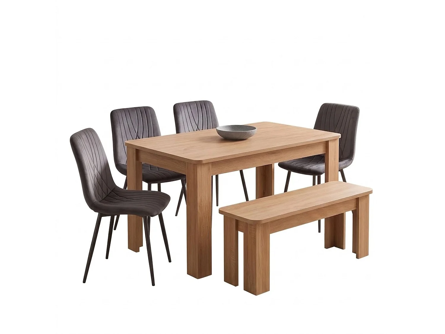 Oak Effect Dining Table Set with 4 Dark Grey Velvet Chairs and Oak Effect Bench 6 Seater