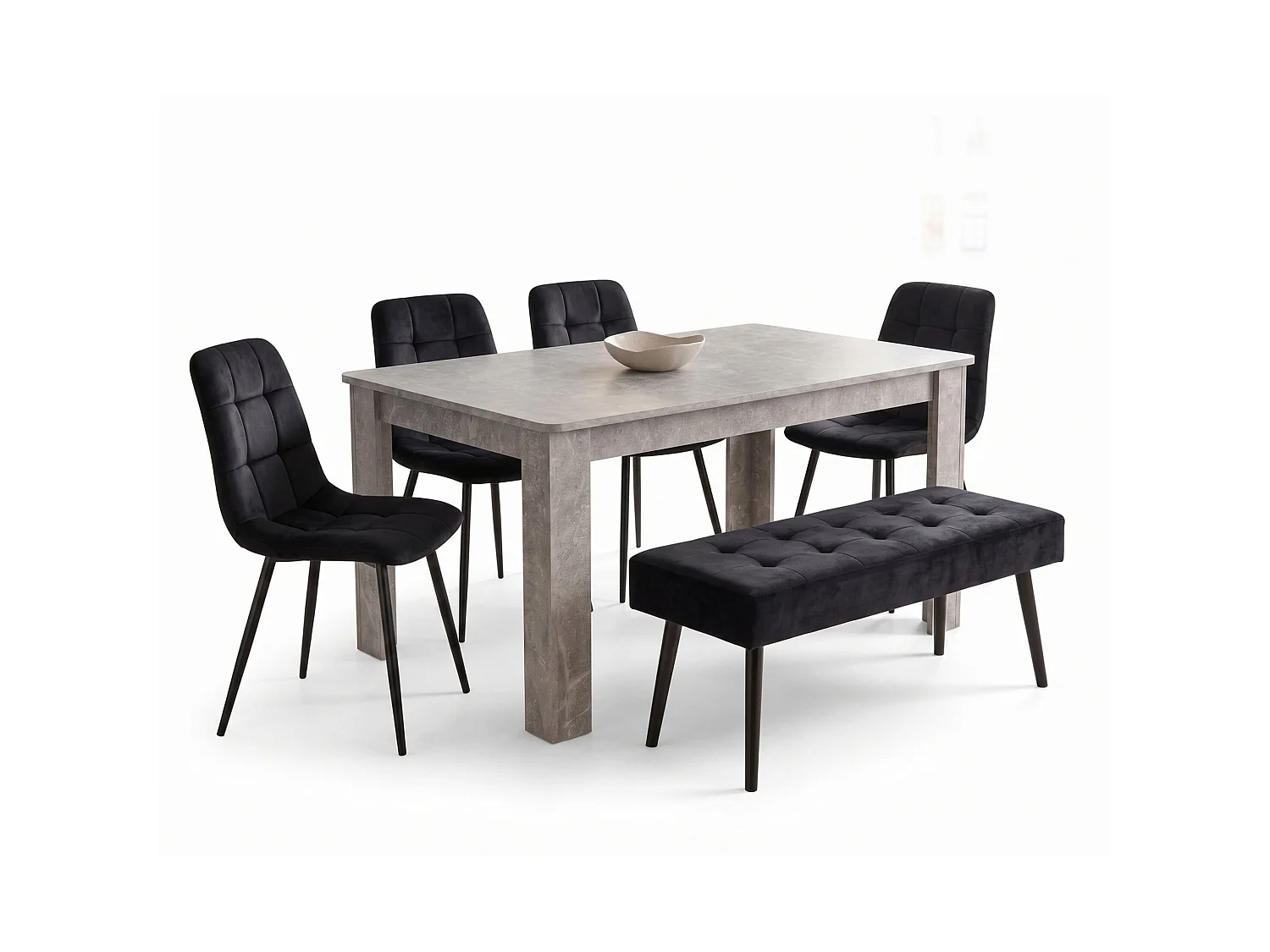 Stone Grey Effect Dining Table Set with 4 Black Nova Chairs and Black Nova Bench 6 Seater