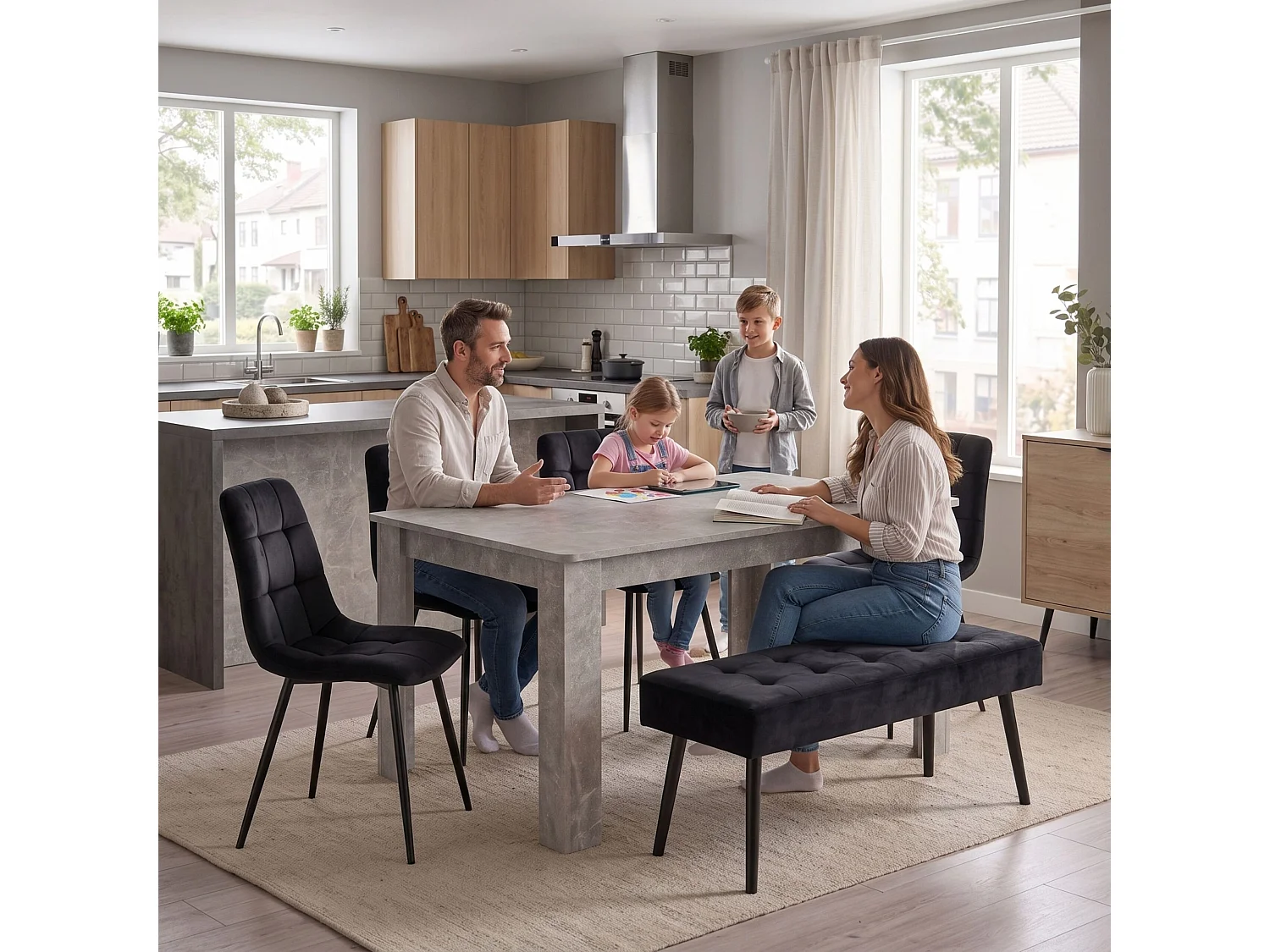 Stone Grey Effect Dining Table Set with 4 Black Nova Chairs and Black Nova Bench 6 Seater