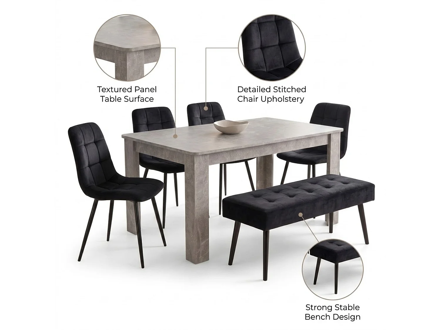 Stone Grey Effect Dining Table Set with 4 Black Nova Chairs and Black Nova Bench 6 Seater