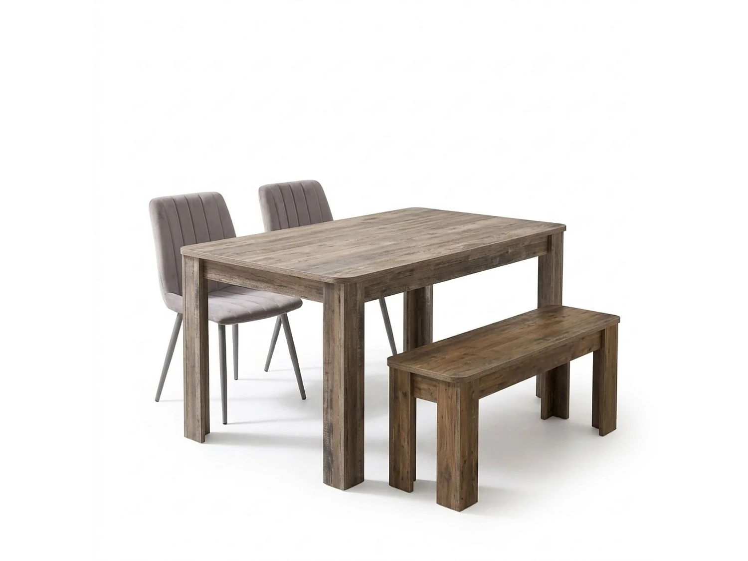 Dining Set with Rustic Wood Effect Table, 2 Grey Velvet Chairs and Rustic Bench 4 Seater