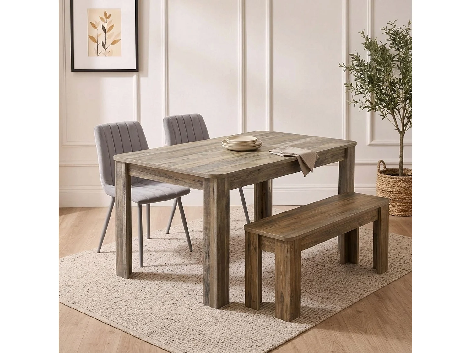 Dining Set with Rustic Wood Effect Table, 2 Grey Velvet Chairs and Rustic Bench 4 Seater