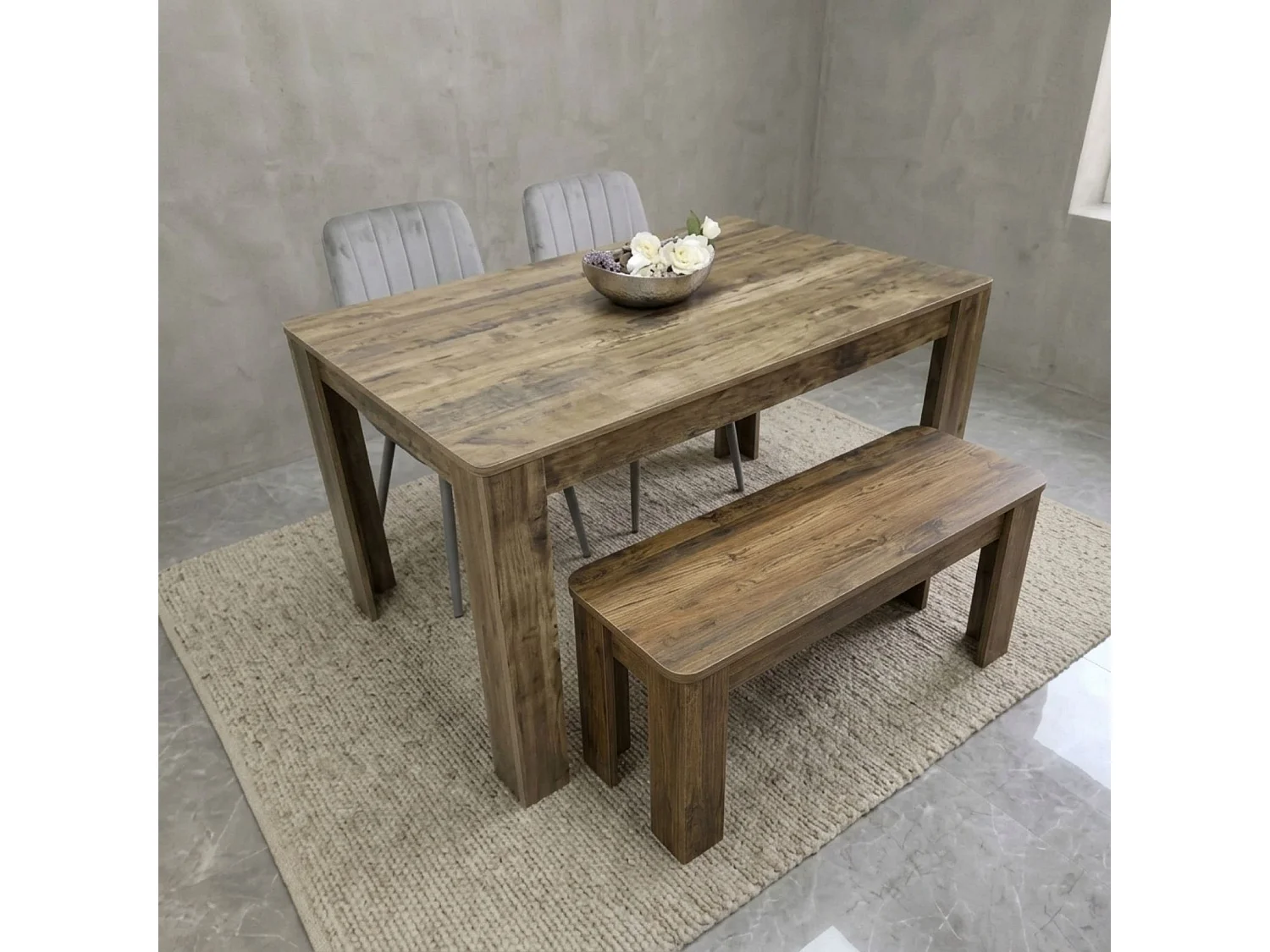 Dining Set with Rustic Wood Effect Table, 2 Grey Velvet Chairs and Rustic Bench 4 Seater
