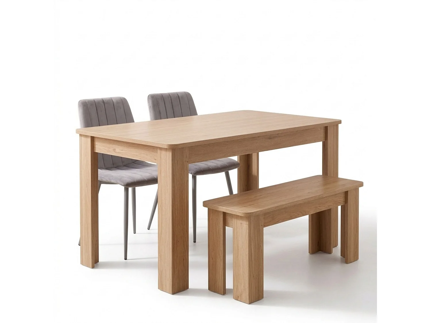 Dining Set with Oak Effect Table, 2 Grey Velvet Chairs and Oak Effect Bench 4 Seater