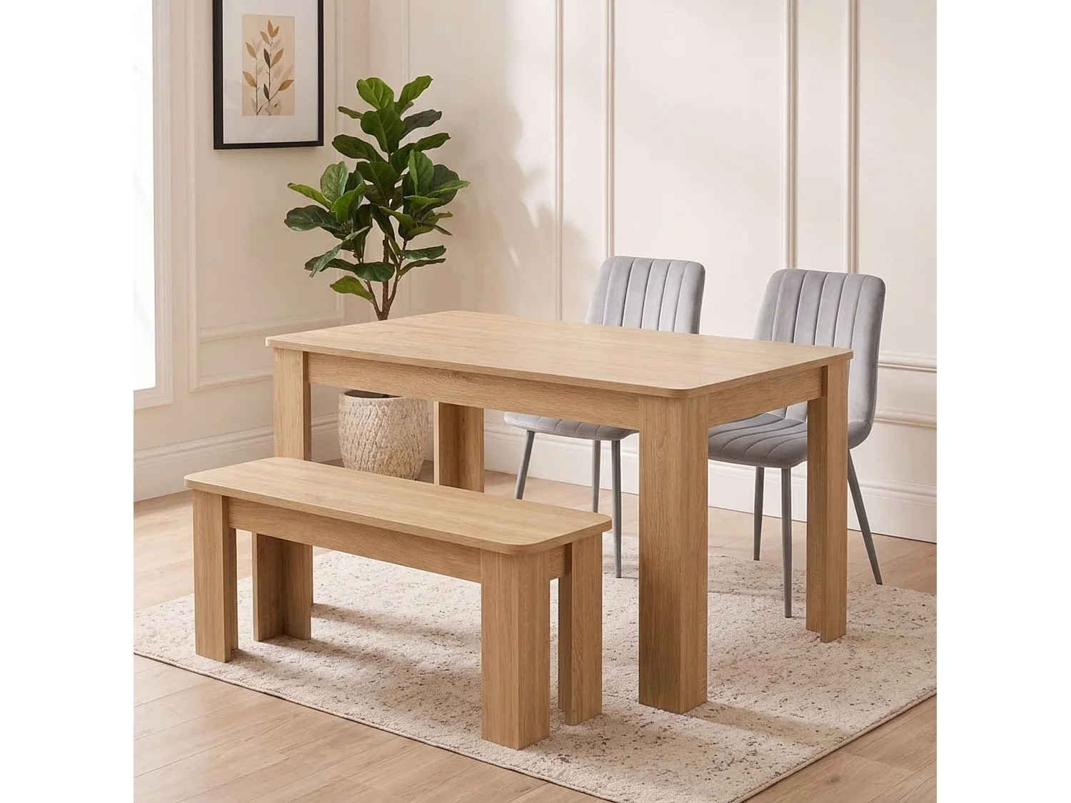 Dining Set with Oak Effect Table, 2 Grey Velvet Chairs and Oak Effect Bench 4 Seater