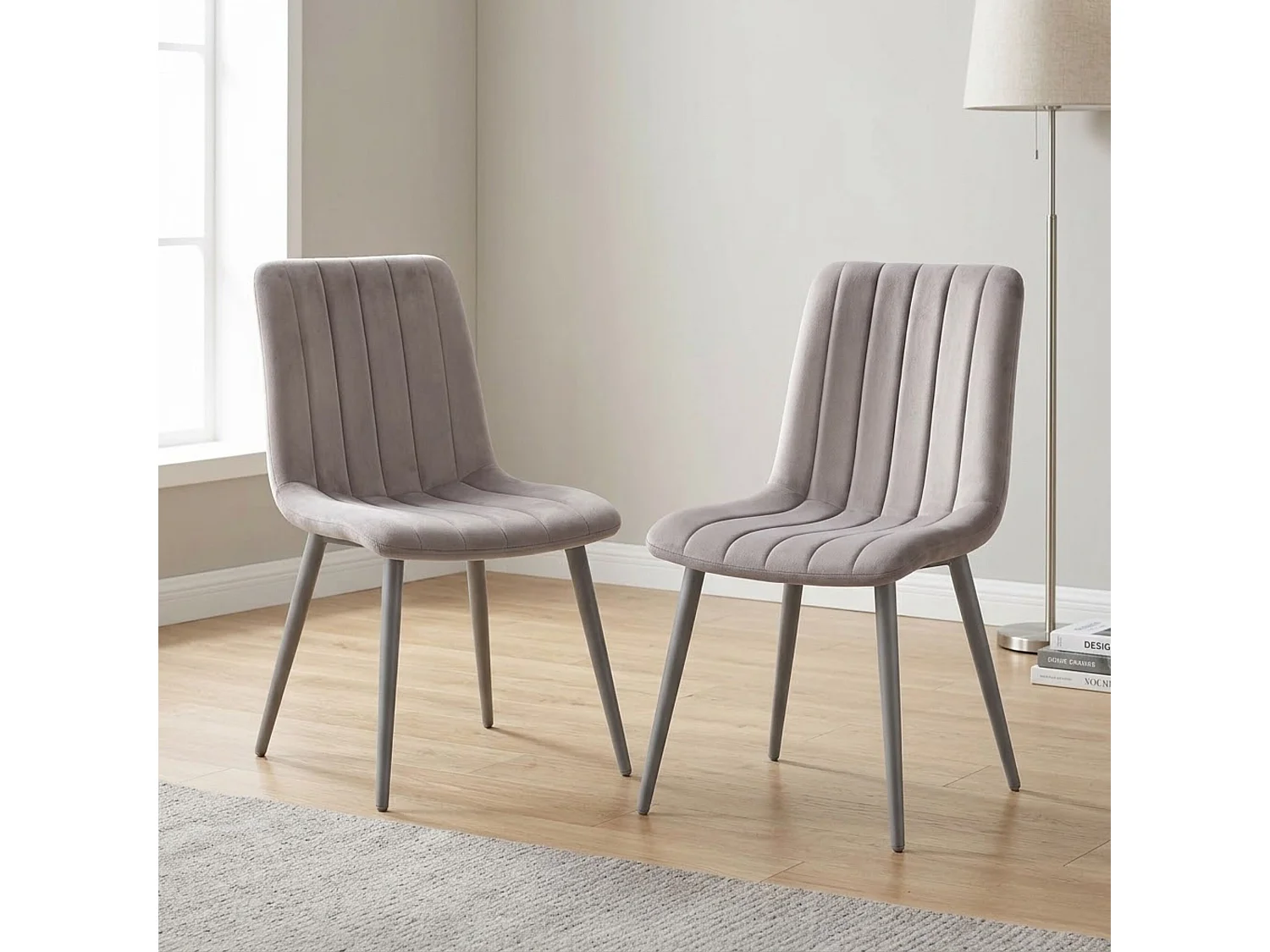 Dining Set with Oak Effect Table, 2 Grey Velvet Chairs and Oak Effect Bench 4 Seater