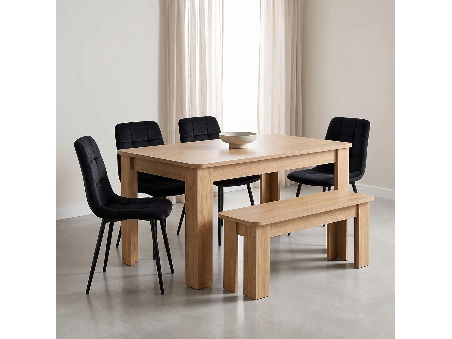 Kitchen Dining Set with Oak Effect Table, 4 Black Velvet Chairs and Oak Effect Bench 6 Seater