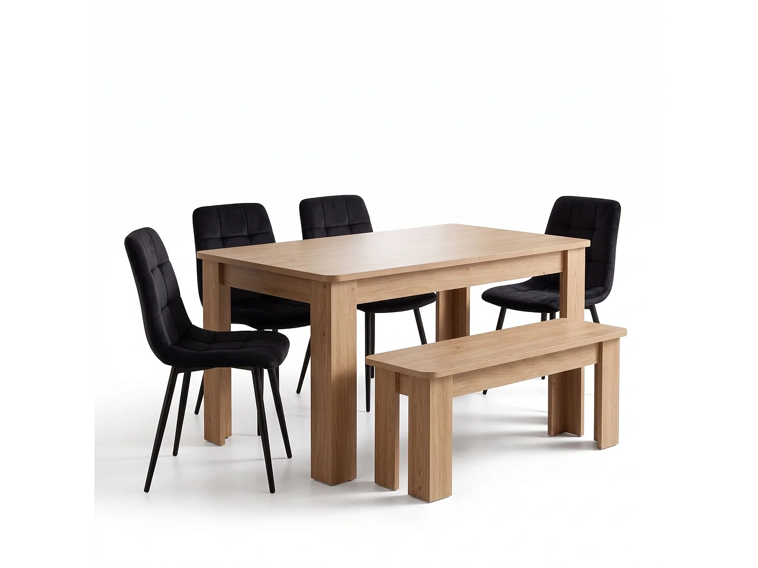 Kitchen Dining Set with Oak Effect Table, 4 Black Velvet Chairs and Oak Effect Bench 6 Seater