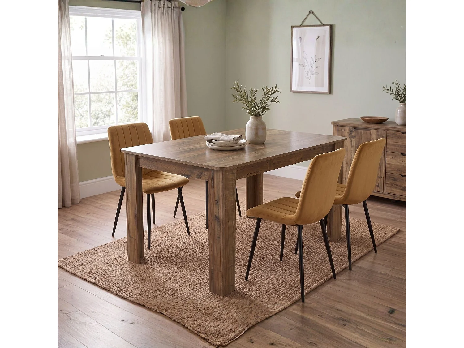 Dining Set with Rustic Wood Effect Table and 4 Brown Velvet Chairs 4 Seater Kitchen Furniture Set