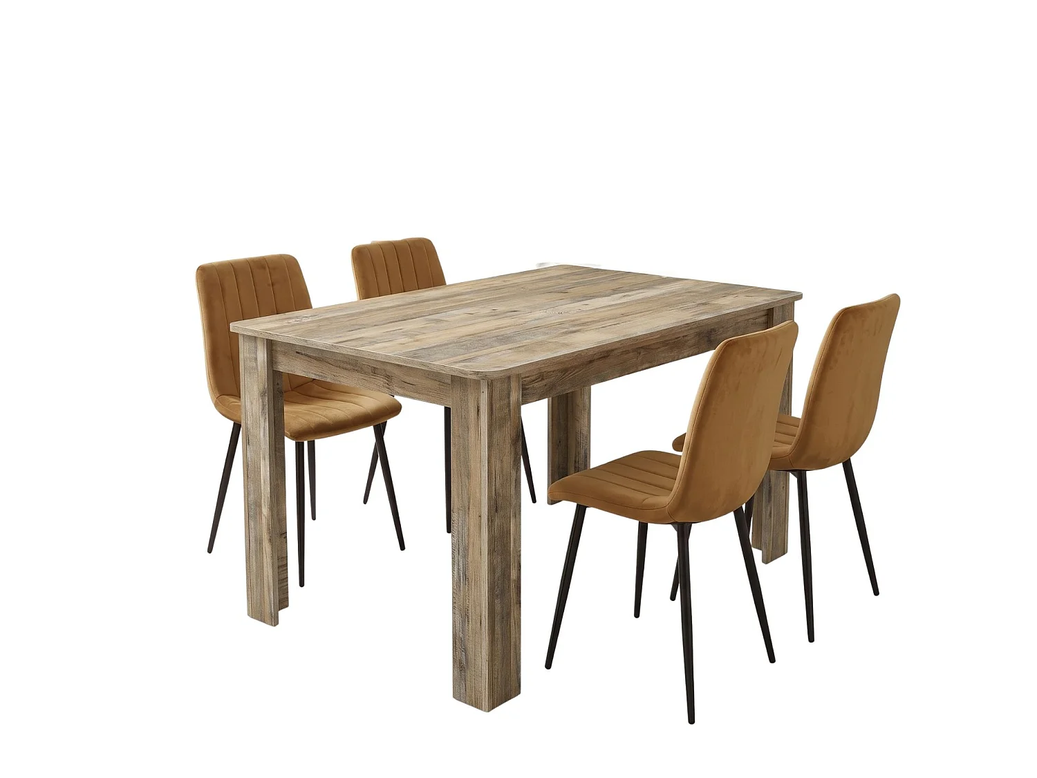 Dining Set with Rustic Wood Effect Table and 4 Brown Velvet Chairs 4 Seater Kitchen Furniture Set