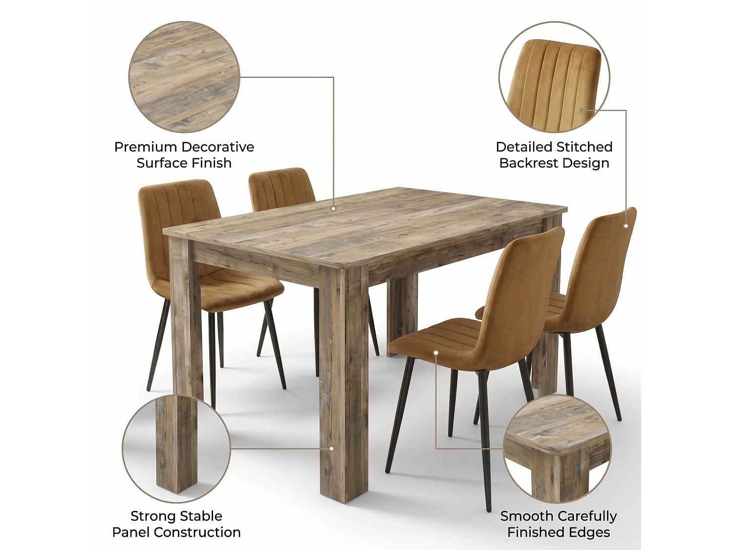 Dining Set with Rustic Wood Effect Table and 4 Brown Velvet Chairs 4 Seater Kitchen Furniture Set