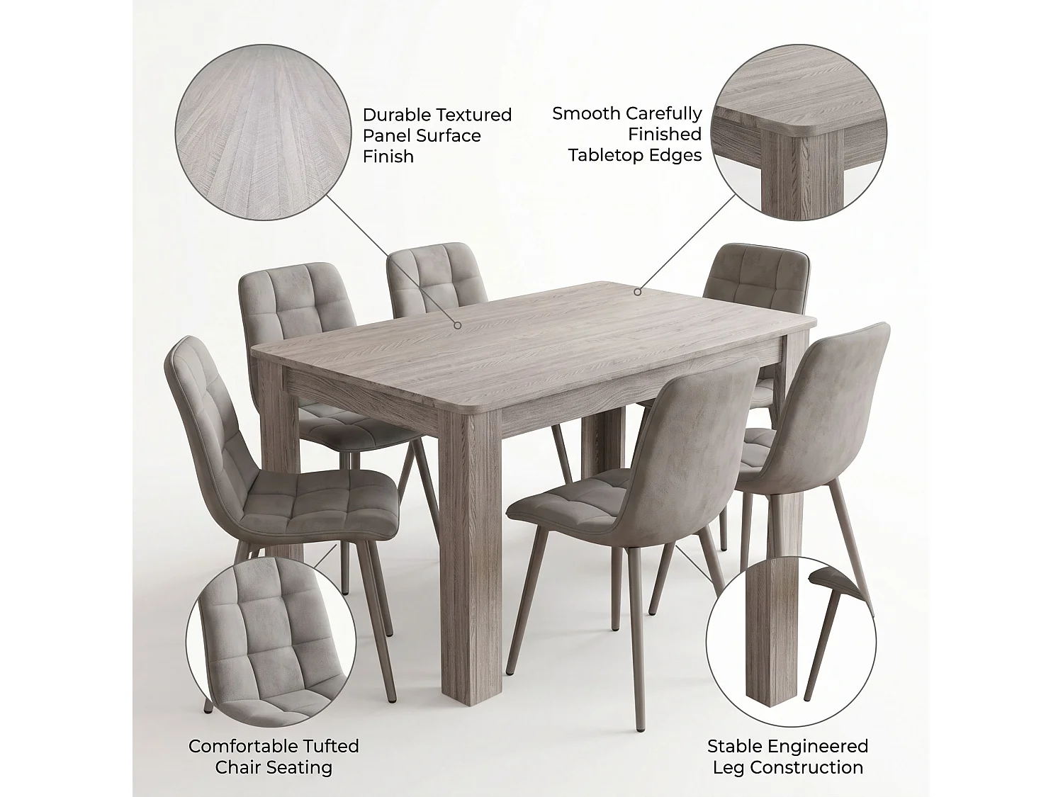 Dining Set with Rustic Wood Effect Table and 4 Brown Velvet Chairs 4 Seater Kitchen Furniture Set