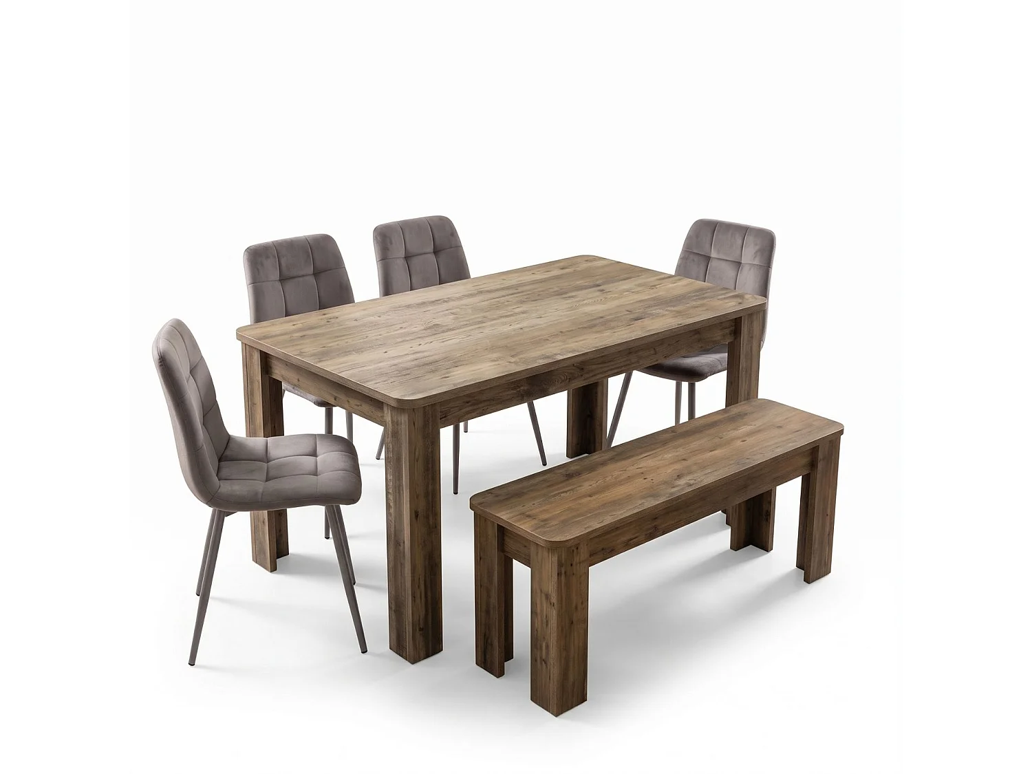 Modern Rustic Dining Table Set with 4 Grey Nova Velvet Chairs and Rustic Bench 6 Seater for Kitchen